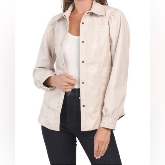 Blank NYC Faux Leather Puff Sleeve Button Up Shirt Jacket Shacket - Picture 1 of 13